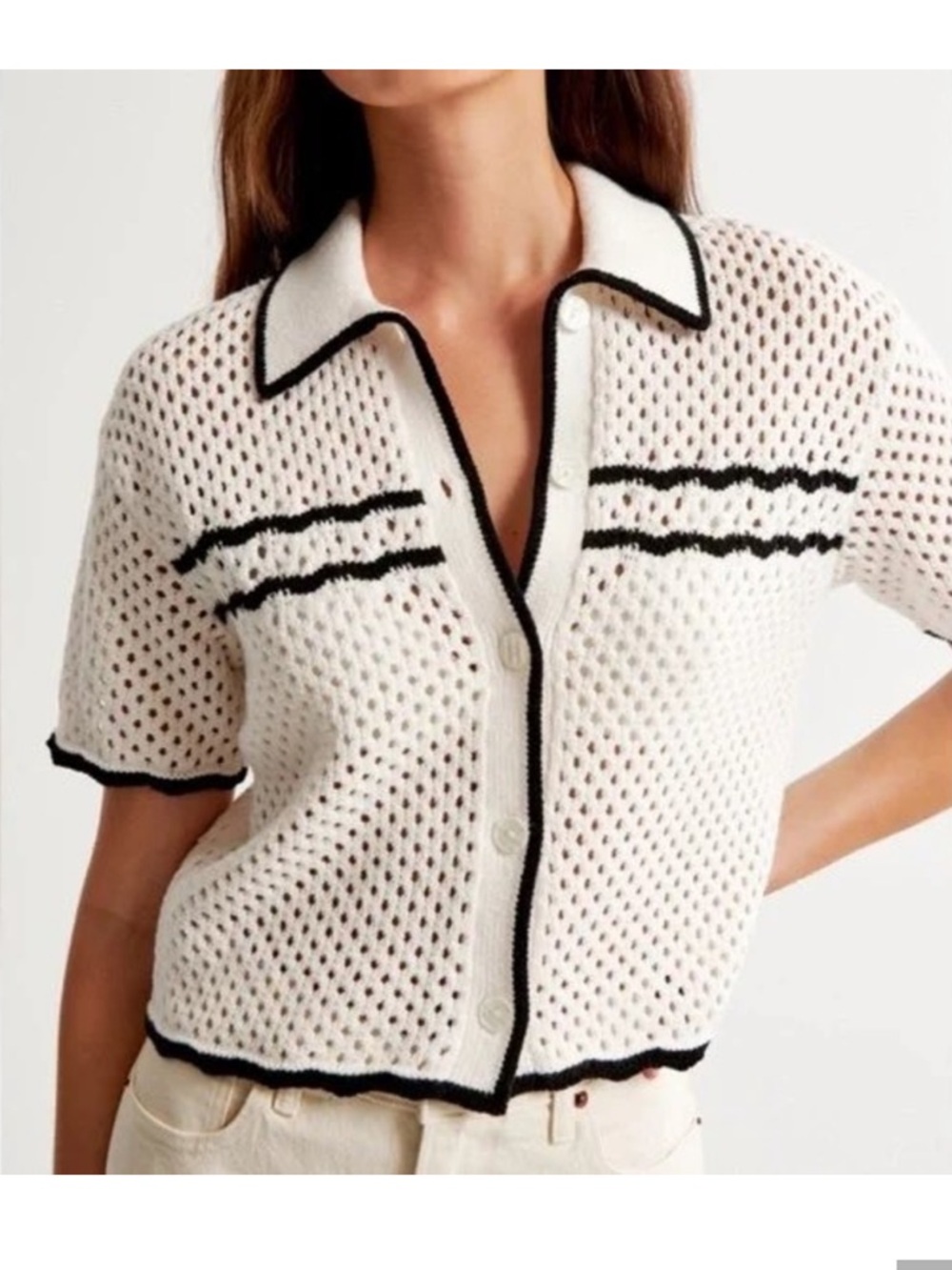 Abercrombie White Crochet Short-Sleeve Button Front Top Polo with Black Trim XS